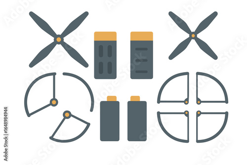 Elements and components of drone technology including propellers and batteries displayed on a white background