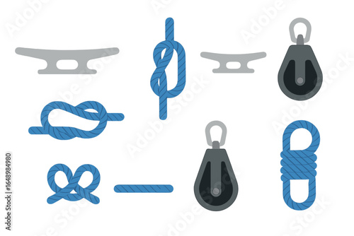Collection of nautical knots and marine hardware for sailing and boating activities displayed on a white background