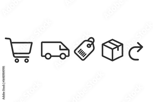 Online shopping process illustrated with cart, delivery, price tag, and return package steps