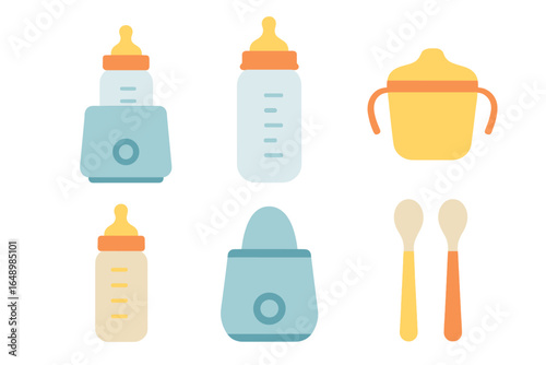 Collection of colorful baby feeding items arranged neatly on a white background for nursery decoration