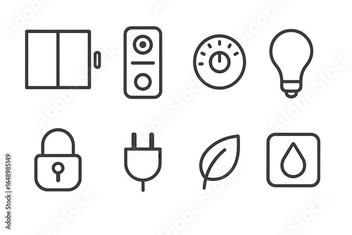 Collection of simple line icons representing home technology and utilities in black and white design