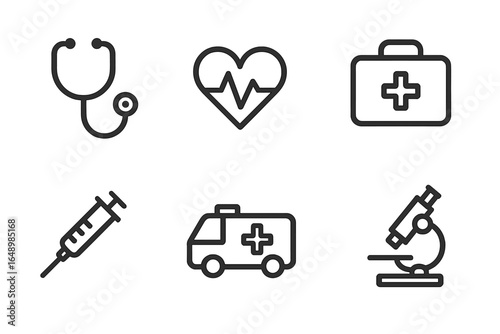 Medical symbols illustrating healthcare essentials, featuring stethoscope, heartbeats, and ambulance on a clean backdrop