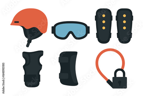 Safety gear for outdoor sports includes helmet, goggles, knee pads, and safety lock for secure storage