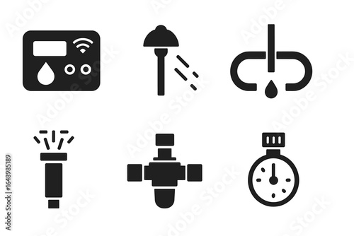 Collection of black icons representing plumbing and water management tools and devices in a minimalistic style