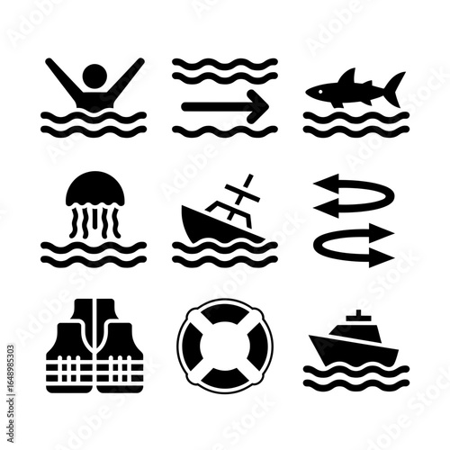 Collection of nautical safety and danger icons silhouette isolated on white background