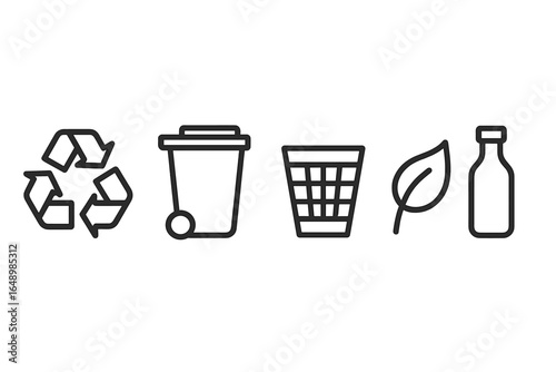 Symbols representing recycling, waste management, and environmental conservation in a minimalist style