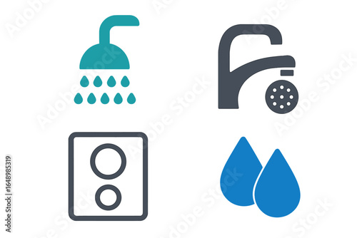 Icons representing water usage and facilities in a domestic setting featuring a shower, faucet, and water droplets