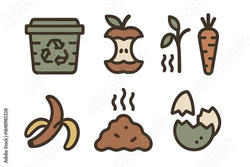Fresh composting elements including fruits, vegetables, and recycling bin in a sustainable garden setting