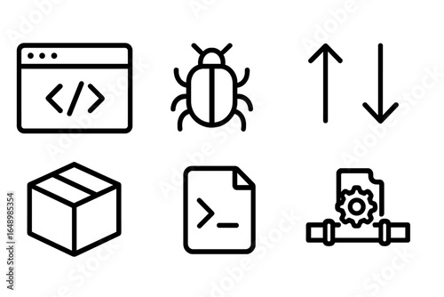Symbols representing common programming concepts including debugging, version control, and file management found in a software development context