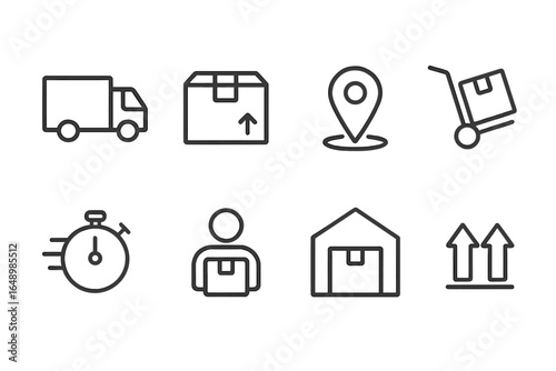 Delivery logistics icons illustrating transport, packaging, tracking, and storage concepts for efficient supply chain management