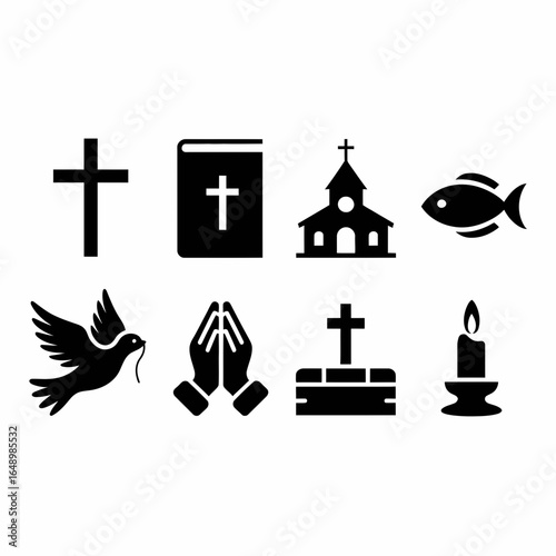 Collection of christian religious symbols silhouette isolated on white background