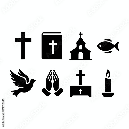 Collection of christian religious symbols including a cross bible church fish dove praying hands and candle silhouette isolated on white background