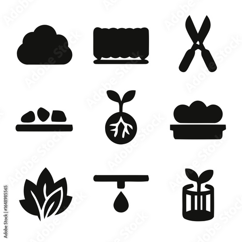 Gardening and plant care icons including a cloud hedge shears soil seedling and watering droplet silhouette isolated on white background