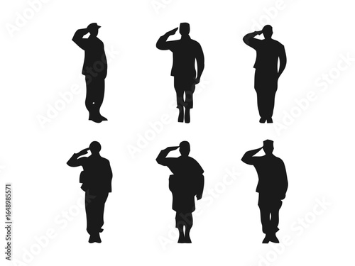 Six soldier silhouettes saluting in uniform isolated on white background silhouette