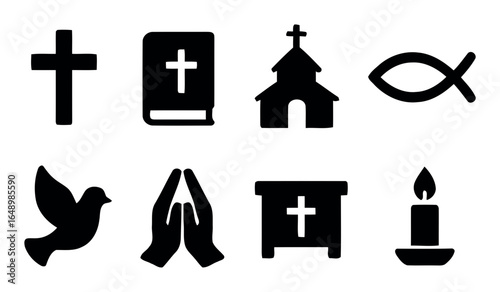Collection of christian religious symbols silhouette isolated on white background