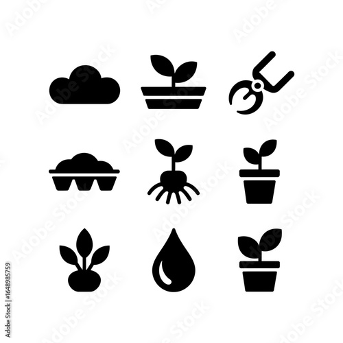 Gardening icons set featuring plants tools and water drop silhouette isolated on white background