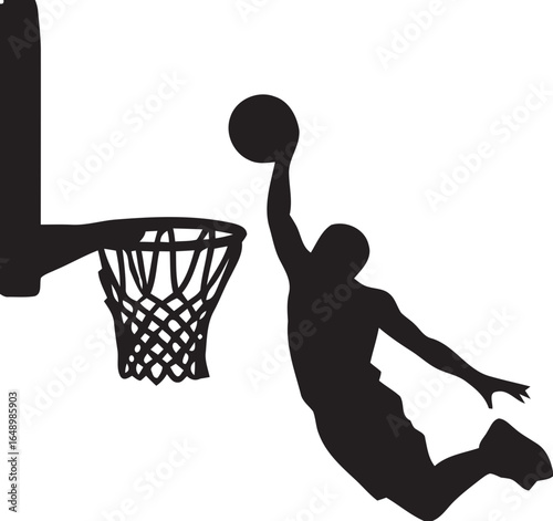 Dynamic basketball player silhouette performing a slam dunk isolated on white background