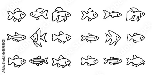 Collection of various fish silhouettes isolated on white background