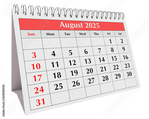 August 2025 calendar. Page of annual business desk month summer calendar isolated on transparent