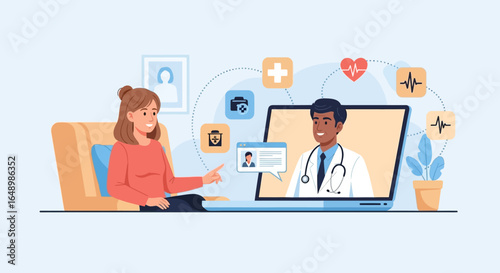 Virtual medical consultation A patient discusses symptoms with a doctor via video call on a laptop screen