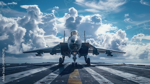 Jet fighter on an aircraft carrier deck beneath blue sky and clouds viewed from front
