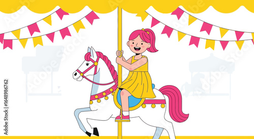 Girl Enjoying a Carousel Ride Cheerful Scene of Childhood Fun and Amusement