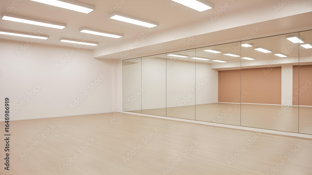 Obraz premium A background of a clean, empty yoga studio with light wood floors and a large mirror wall reflecting an empty space