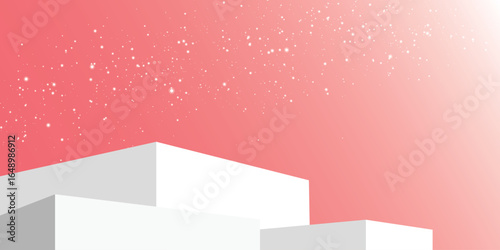 White podium snow red background winter abstract festive minimal celebration scene with sparkling effect