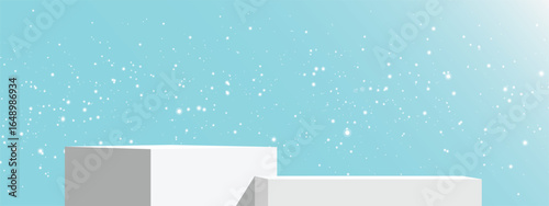 White podium snow sky blue background winter minimal clean festive bright scene with sparkling snowflakes