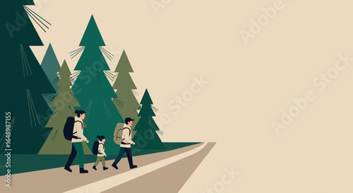 Happy Family Adventures Together On A Road In The Middle Of The Forest