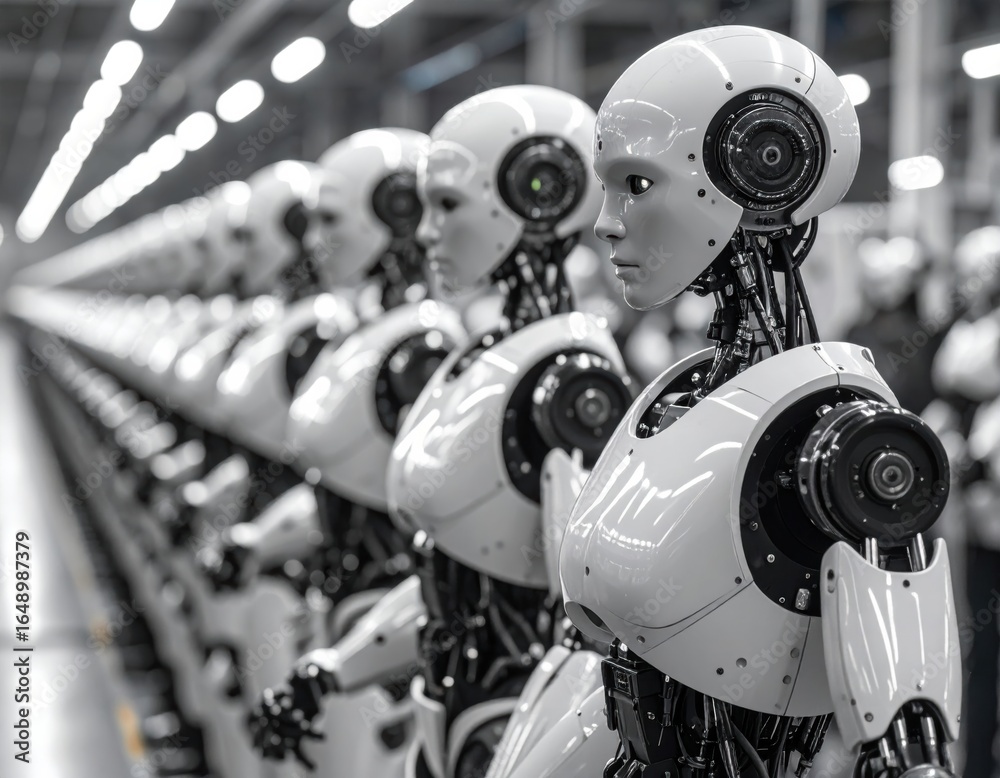 Fototapeta premium モノクロで描かれた整列する人型ロボットの製造ライン
