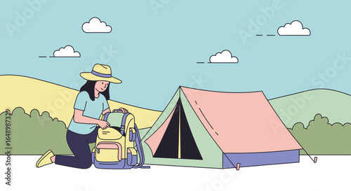 Girl Prepares Her Backpack For Camping Trip Outdoor Adventure Scene