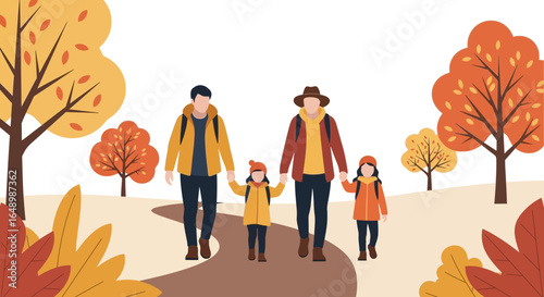 Happy Family Enjoying Scenic Autumn Walk In A Beautiful Fall Season Landscape