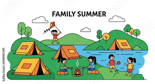 Happy Family Enjoying Summer Vacation Outdoors Illustration In Nature Landscape