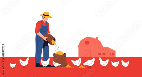 Happy Farmer Feeding Chickens with Golden Corn in Rural Setting Illustration