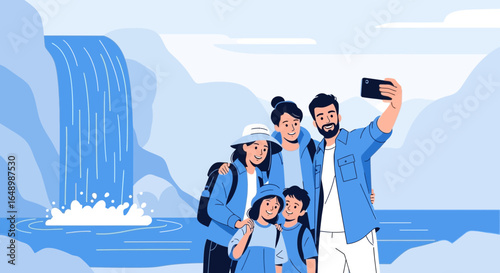 Happy family taking a selfie on vacation at a scenic waterfall destination and enjoying a refreshing outdoor adventure together