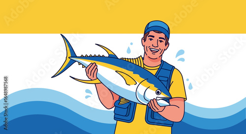 Happy fisherman holding a big yellowfin tuna catch with ocean backdrop illustration