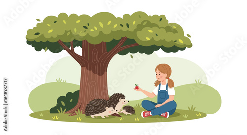Girl With Hedgehogs Under A Tree In A Park With An Apple Vector