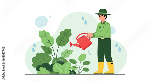 Happy Gardener Watering His Beautiful Plants And Enjoying His Gardening Time