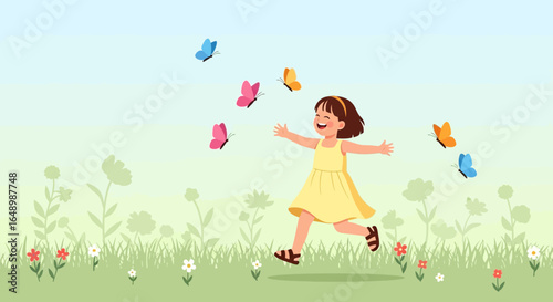 Happy Girl Chasing Butterflies In A Summer Meadow Joyful Childhood Scene