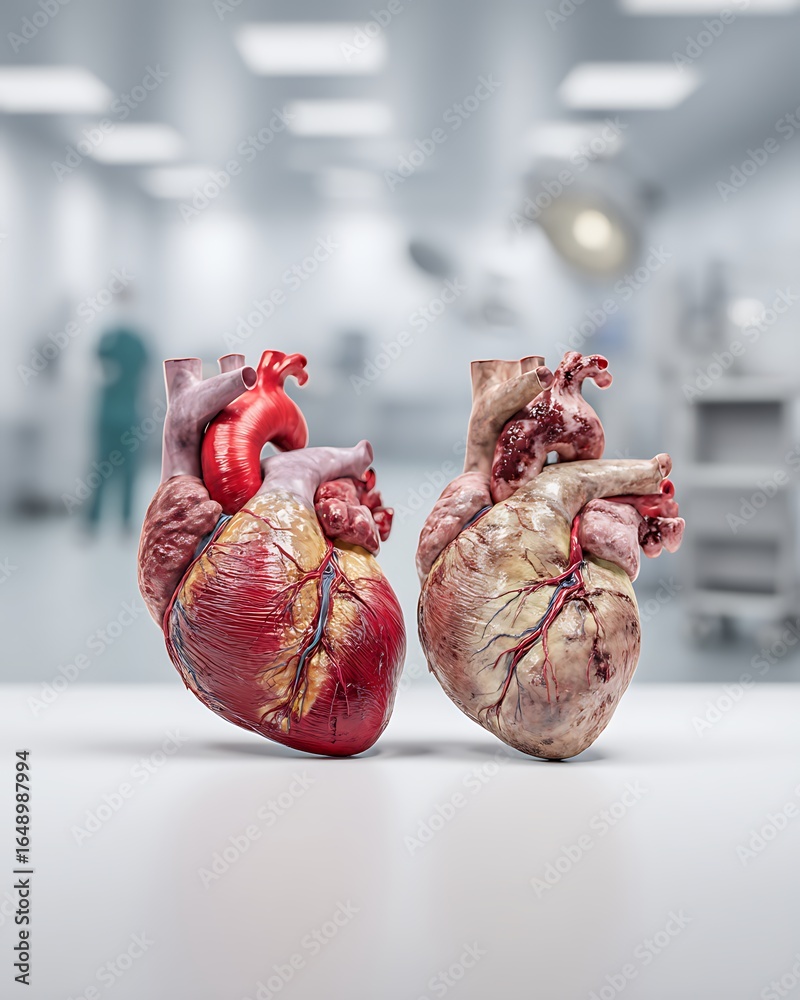 Naklejka premium Side-By-Side Composition Showing Two Anatomical Models On A White Table: One Healthy Human Heart And One Heart With Severe Coronary Artery Disease. The Diseased Heart Should Have Visi