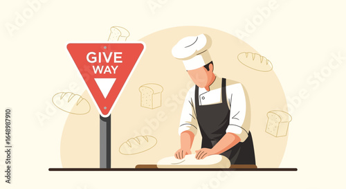 Give Way to Freshness Chef Shaping Dough Behind Warning Sign Vector Illustration