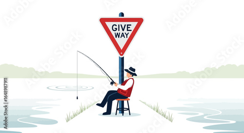 Give Way to Relaxation; Fisherman Enjoying Leisure Time by the Lake