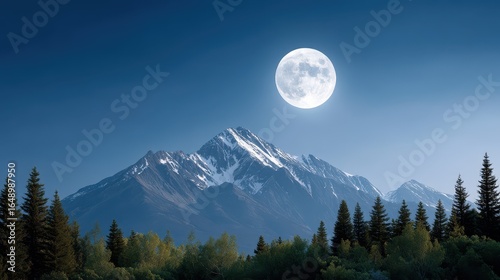 Stunning full moon over majestic snow-capped mountains at twilight.
