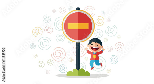 Happy Little Boy Jumping Near Stop Sign Cartoon Vector Illustration