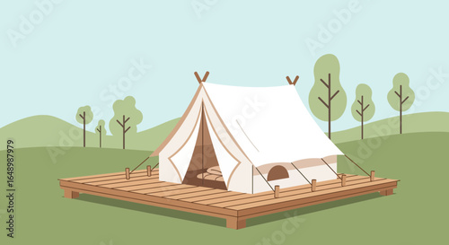 Glamping experience illustration showing a stylish tent on a wooden platform, a tranquil outdoor retreat