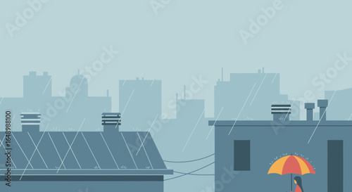 Gloomy Cityscape Featuring a Woman with an Umbrella in the Rain on a Rooftop