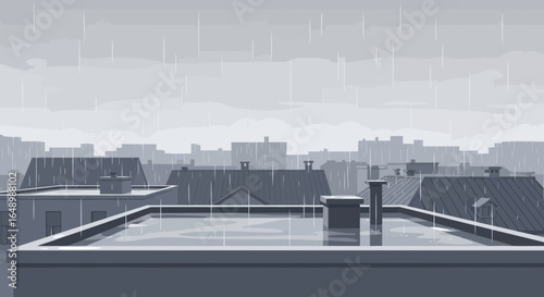 Gloomy Cityscape Rooftop View During Rainfall Illustration on an Overcast Day