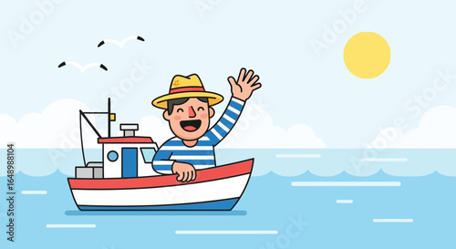 Happy Sailor Waving Hand From Boat on Sunny Day Illustration for Summer Theme