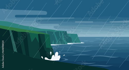 Gloomy Coastal Landscape with Cliffs and Ocean in the Rain Depicting a Storm